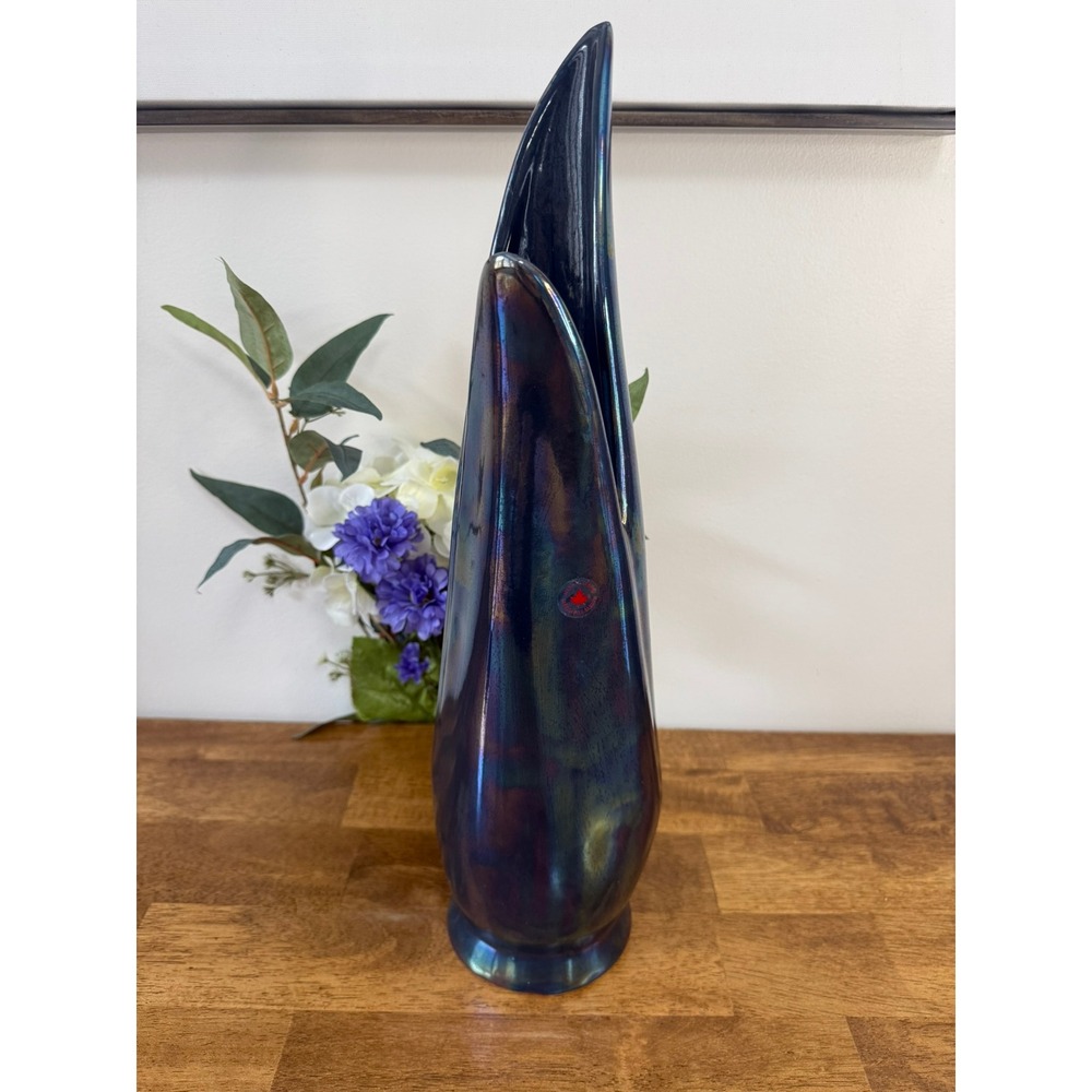 Vintage Canadian Art Pottery‎ Iridescent Blue Tall Vase MCM Sculptural Decor